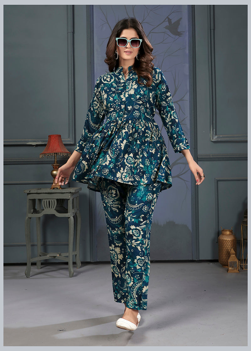 Teal blue rayon co-ord set with ethnic print