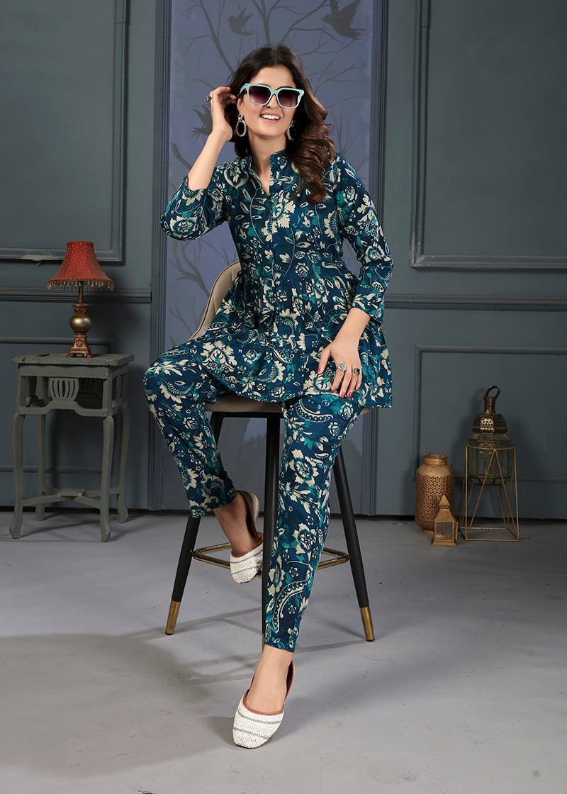 Teal Blue Rayon Printed Casual Co-Ord Set for Women