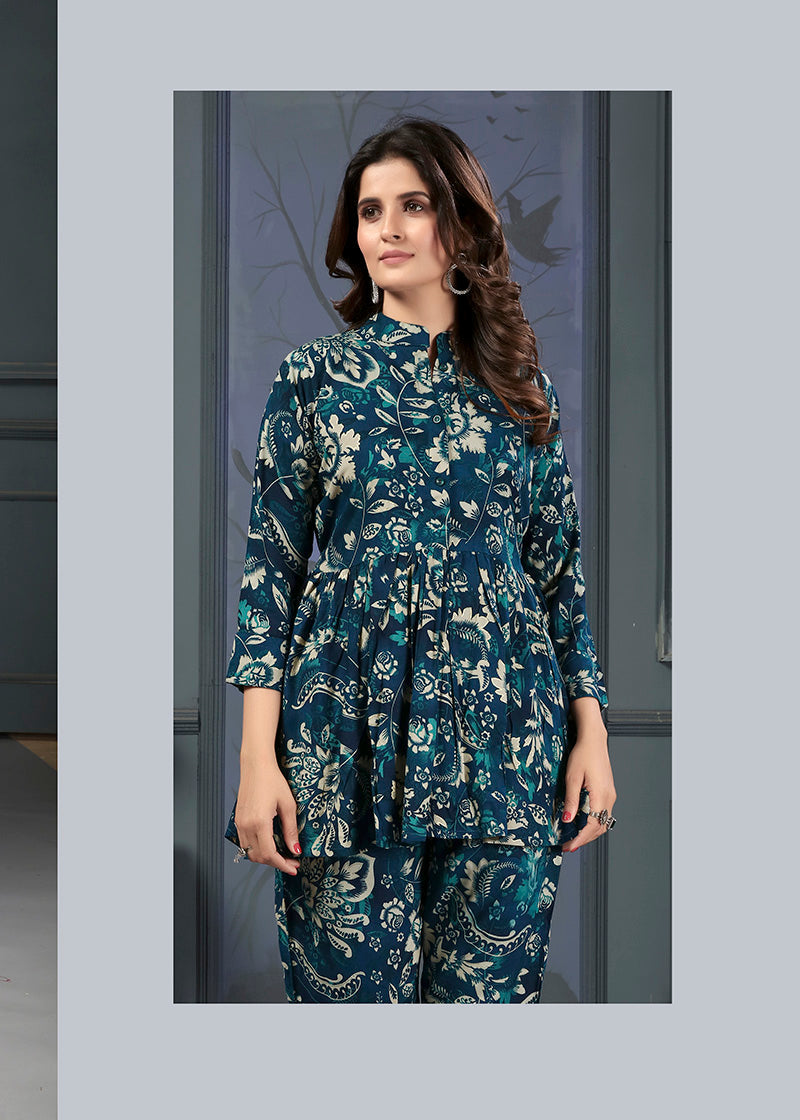 Teal Blue Rayon Printed Casual Co-Ord Set for Women