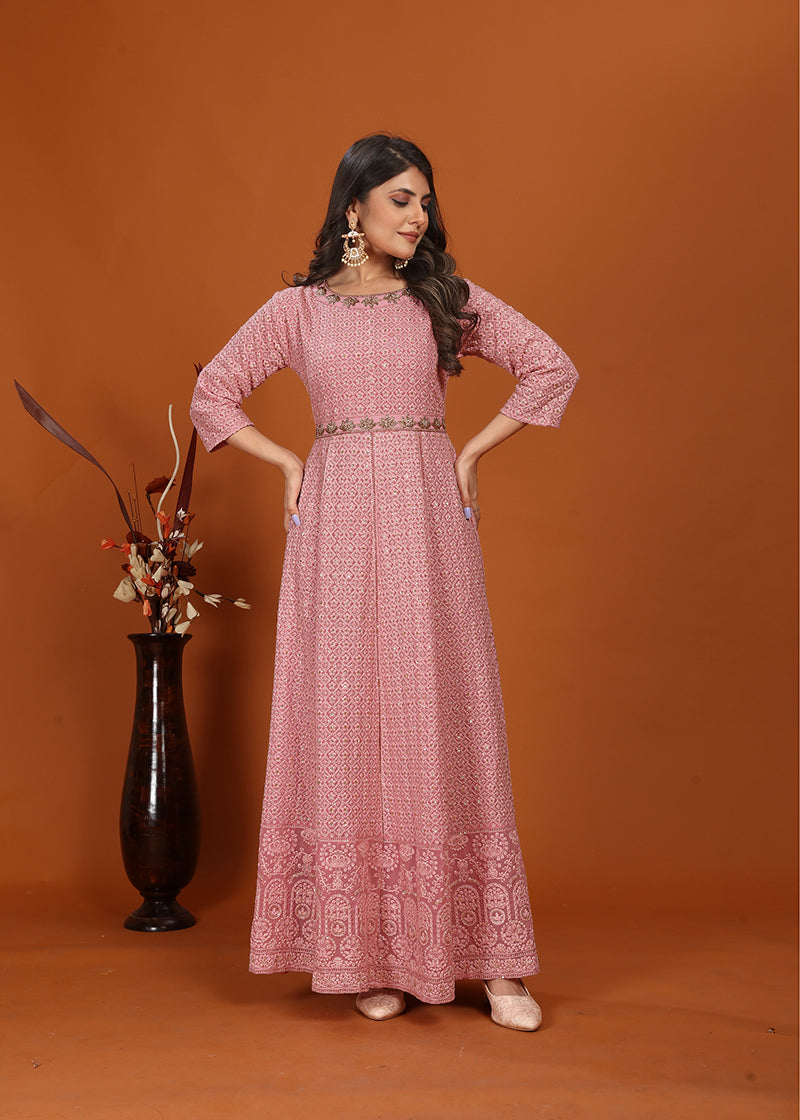 Embroidered Faux Georgette Readymade Gown in Pink