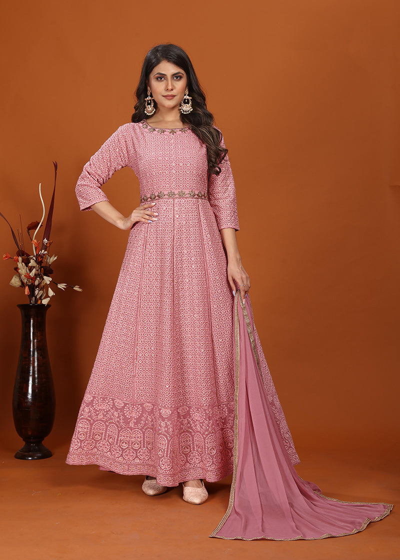 Pink embroidered faux georgette readymade gown for women