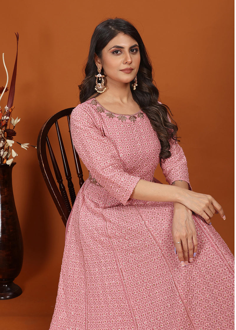 Embroidered Faux Georgette Readymade Gown in Pink