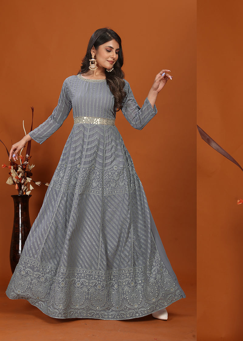 Grey Faux Georgette Embroidered Readymade Gown for Women