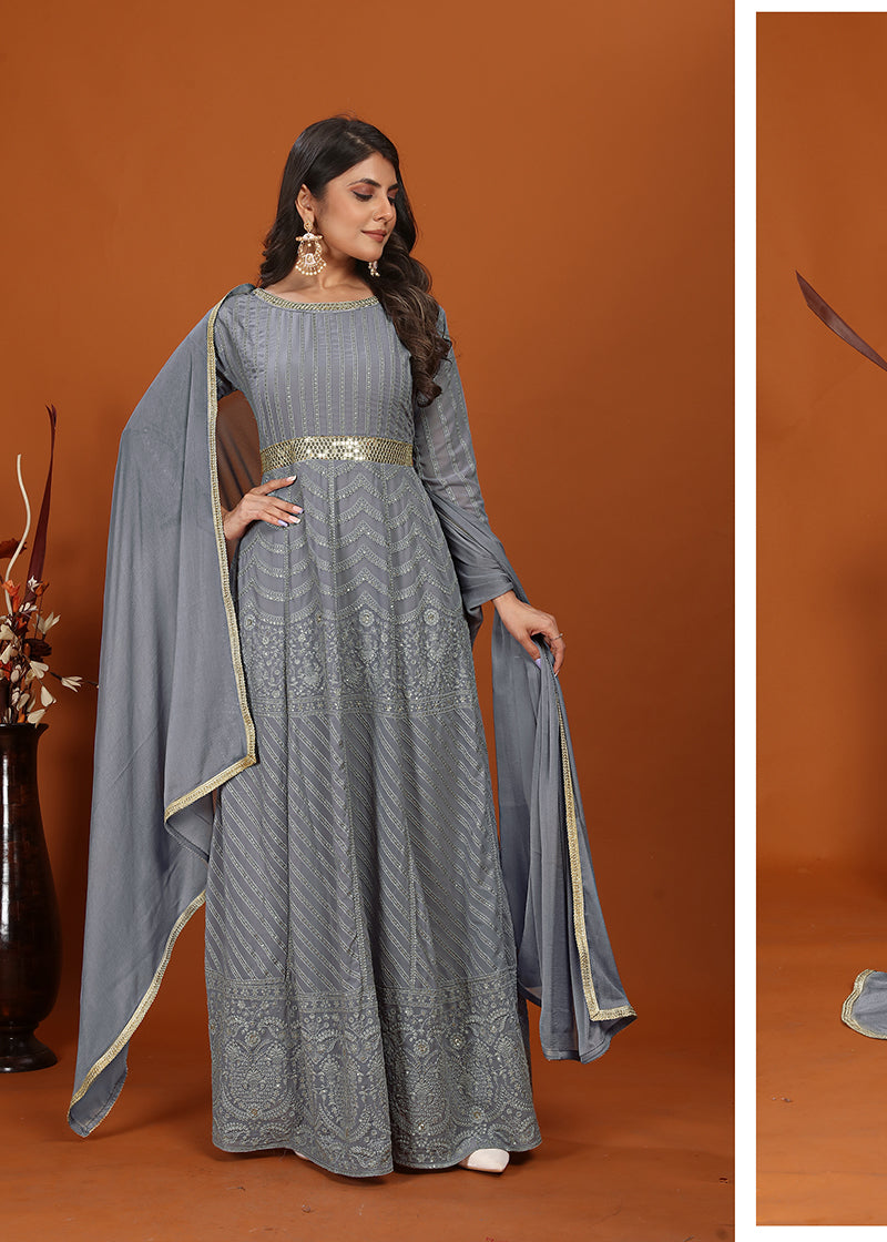 Elegant grey faux georgette embroidered readymade gown for formal occasions