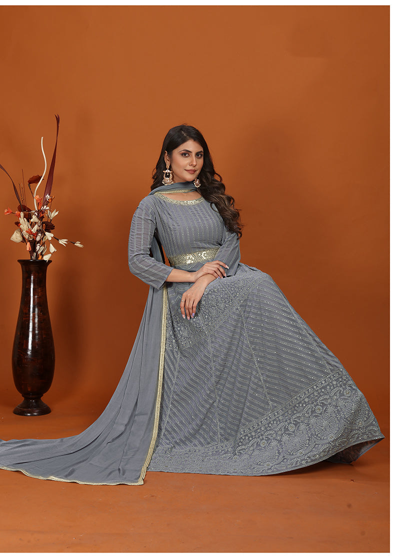 Grey Faux Georgette Embroidered Readymade Gown for Women