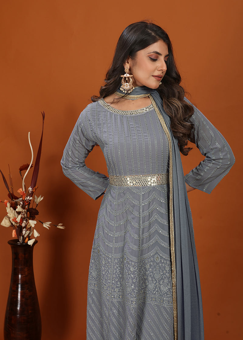 Grey Faux Georgette Embroidered Readymade Gown for Women