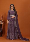 Elegant wine-colored faux georgette readymade gown with detailed embroidery.