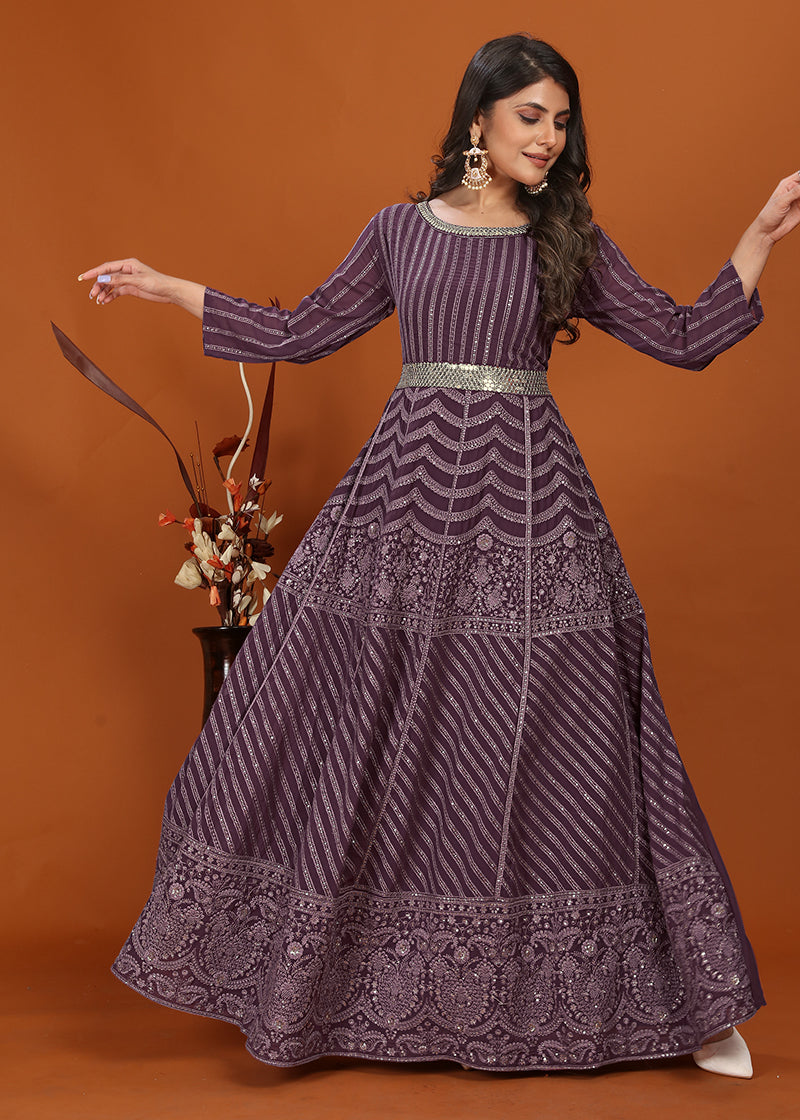 Embroidered Faux Georgette Readymade Gown in Wine