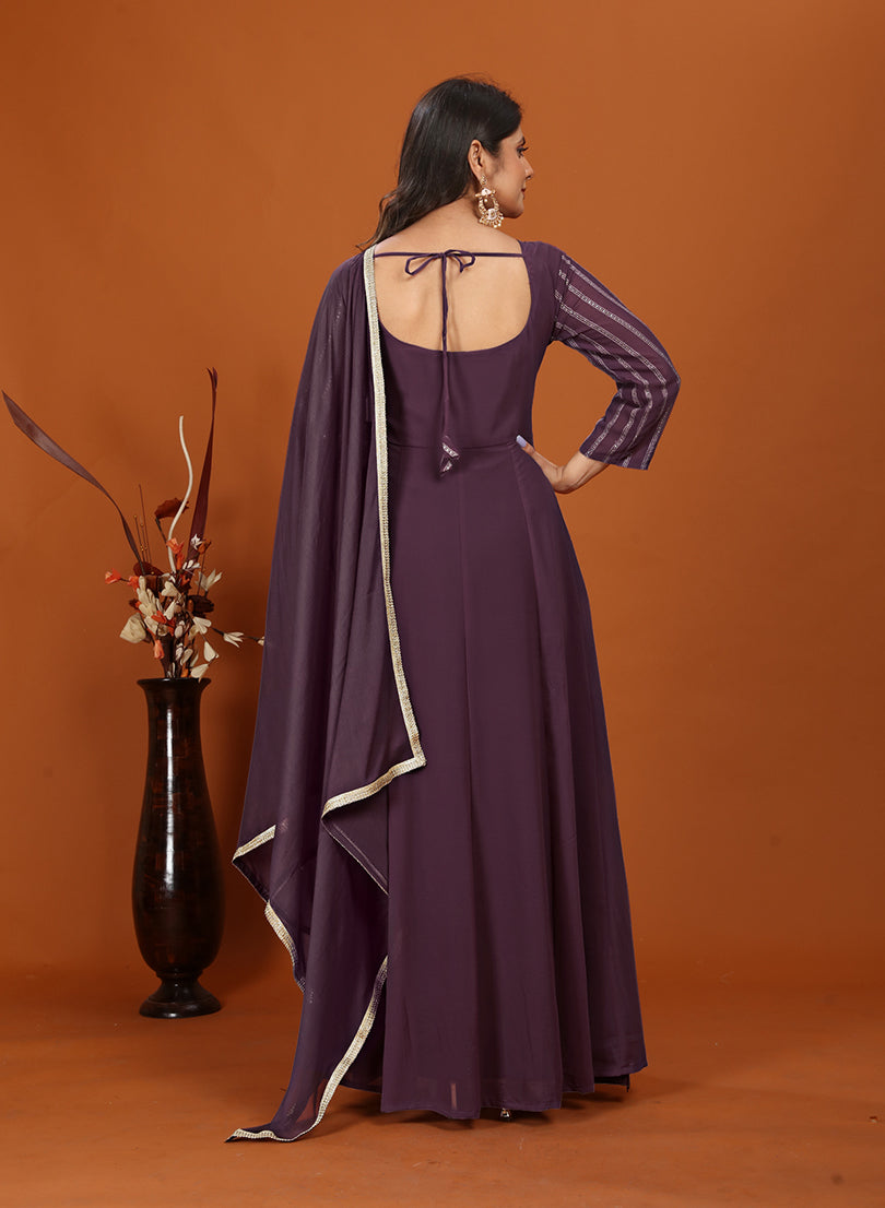 Embroidered Faux Georgette Readymade Gown in Wine