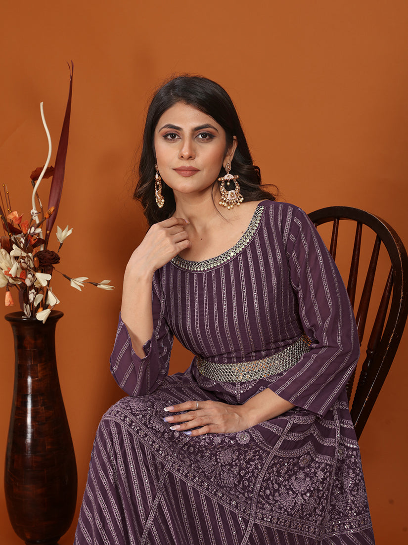 Embroidered Faux Georgette Readymade Gown in Wine