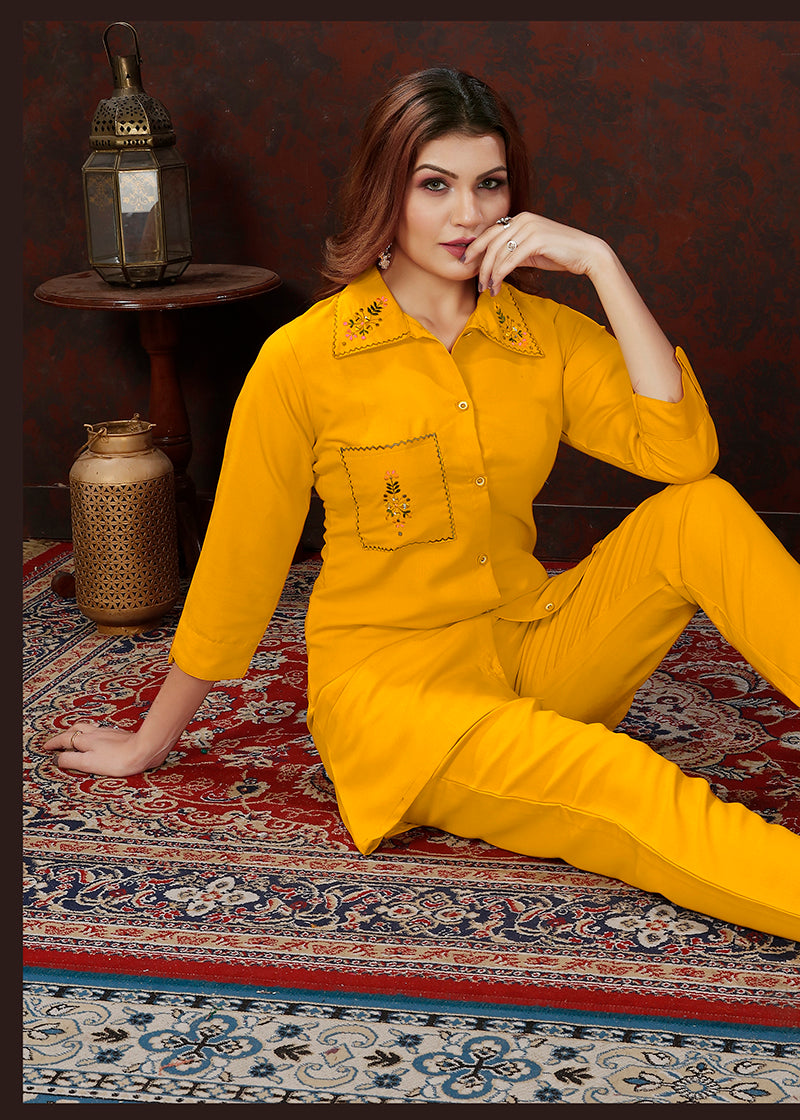 Yellow Maaza Cotton Co-Ord Set with Hand Work and Floral Print