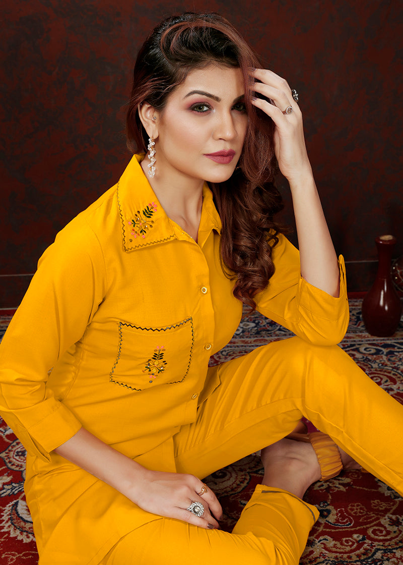 Yellow Maaza Cotton Co-Ord Set with Hand Work and Floral Print
