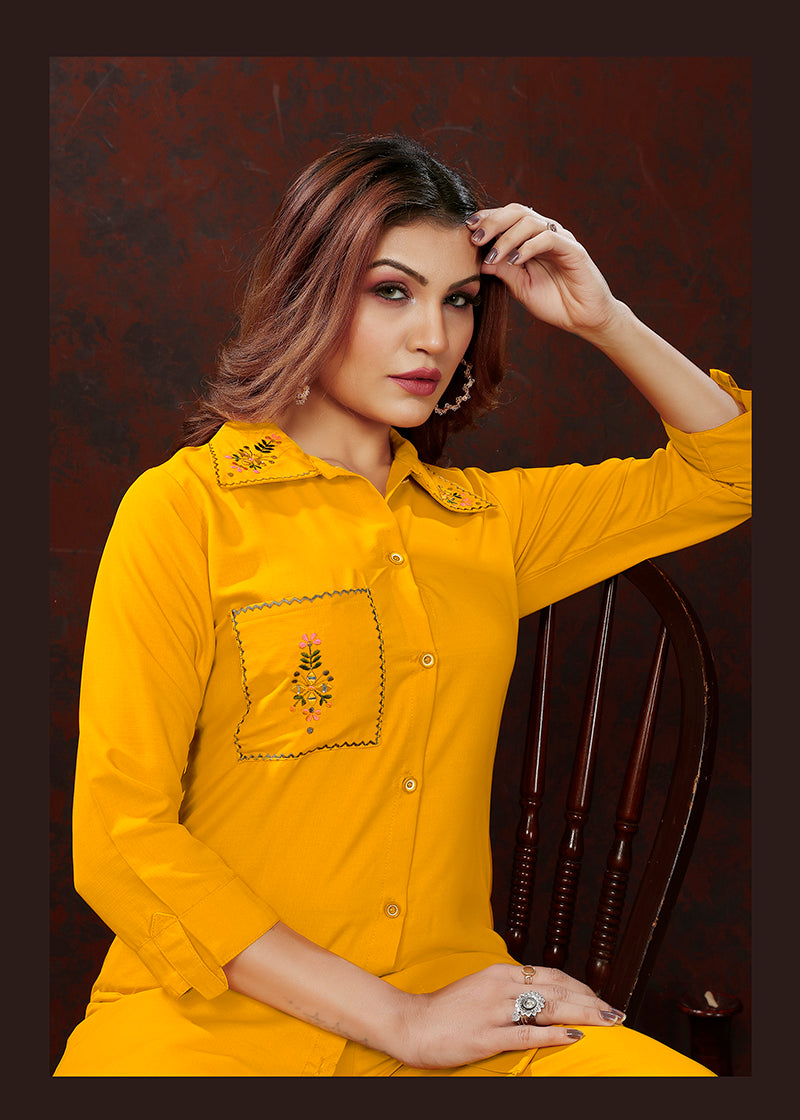 Yellow Maaza Cotton Co-Ord Set with Hand Work and Floral Print