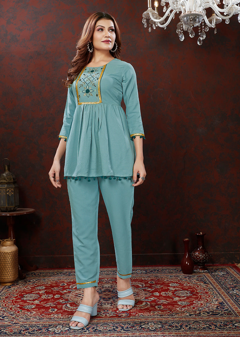 Light blue Maaza cotton co-ord set with floral prints and intricate hand-work detailing