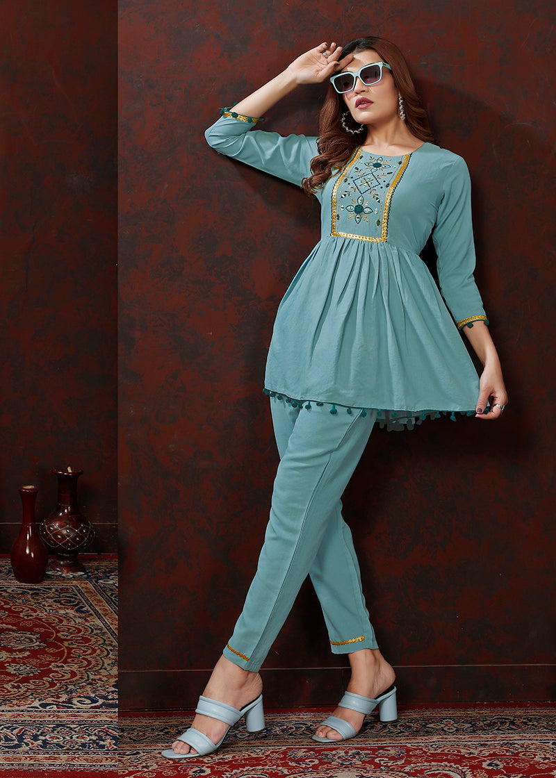 Light Blue Maaza Cotton Co-Ord Set with Hand Work Floral Print