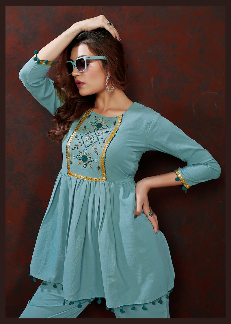 Light Blue Maaza Cotton Co-Ord Set with Hand Work Floral Print