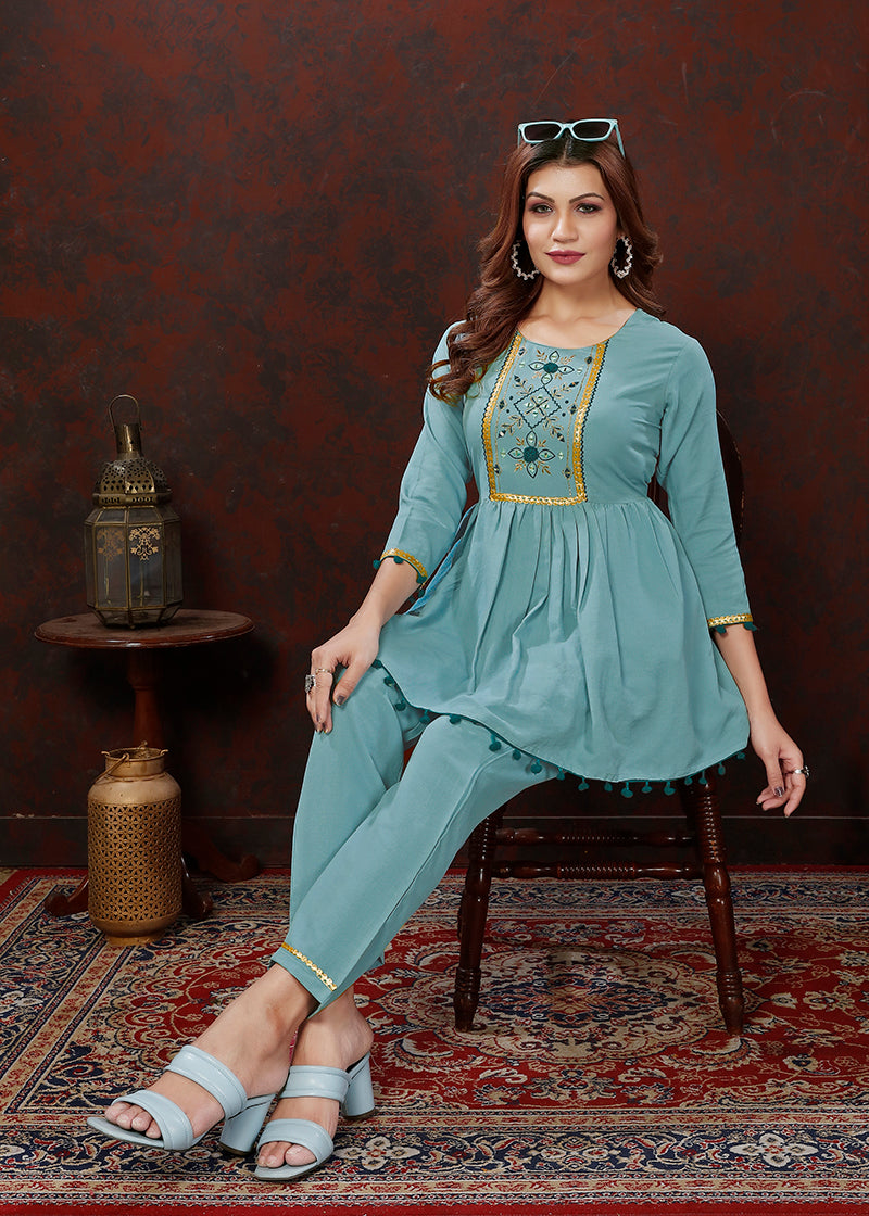 Light Blue Maaza Cotton Co-Ord Set with Hand Work Floral Print