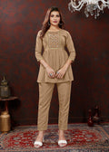 Beige Maaza cotton co-ord set with intricate hand-work and floral print details