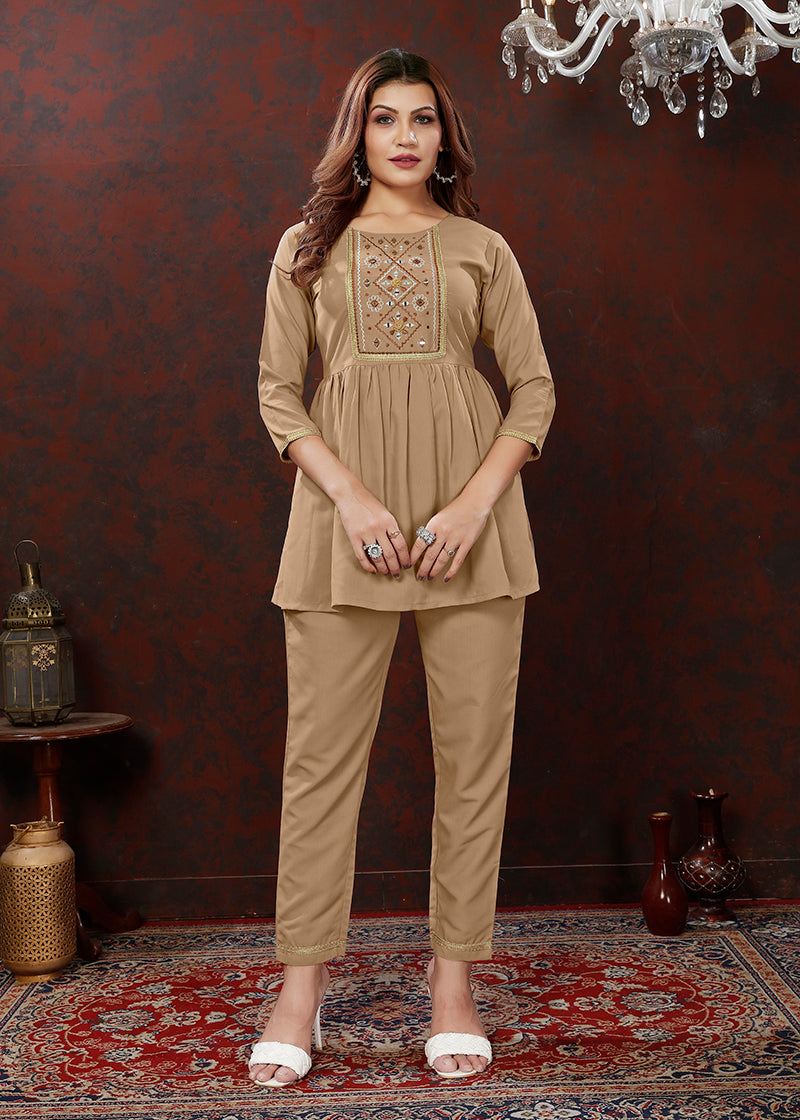 Beige Maaza cotton co-ord set with intricate hand-work and floral print details
