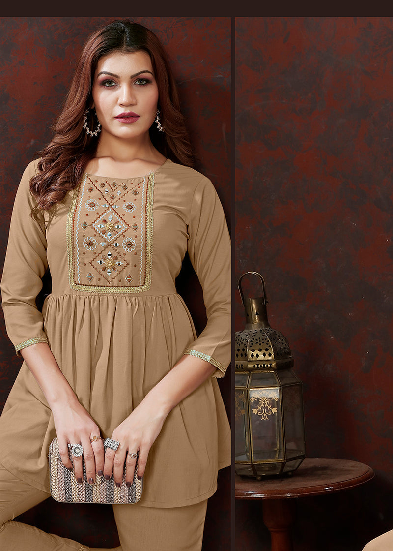 Beige Maaza Cotton Co-Ord Set with Hand Work and Floral Print