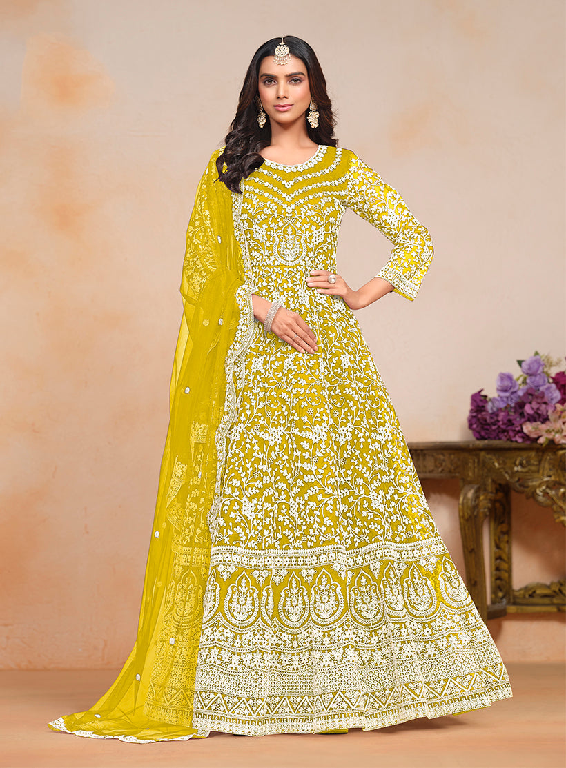Monjolika Fashion Yellow Color Embroidered Santoon Net Salwar Suit