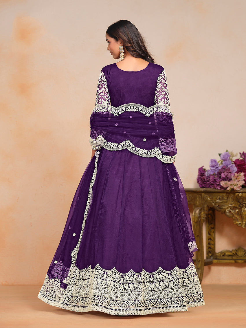 Purple Embroidered Net Salwar Suit for Party and Festive Wear