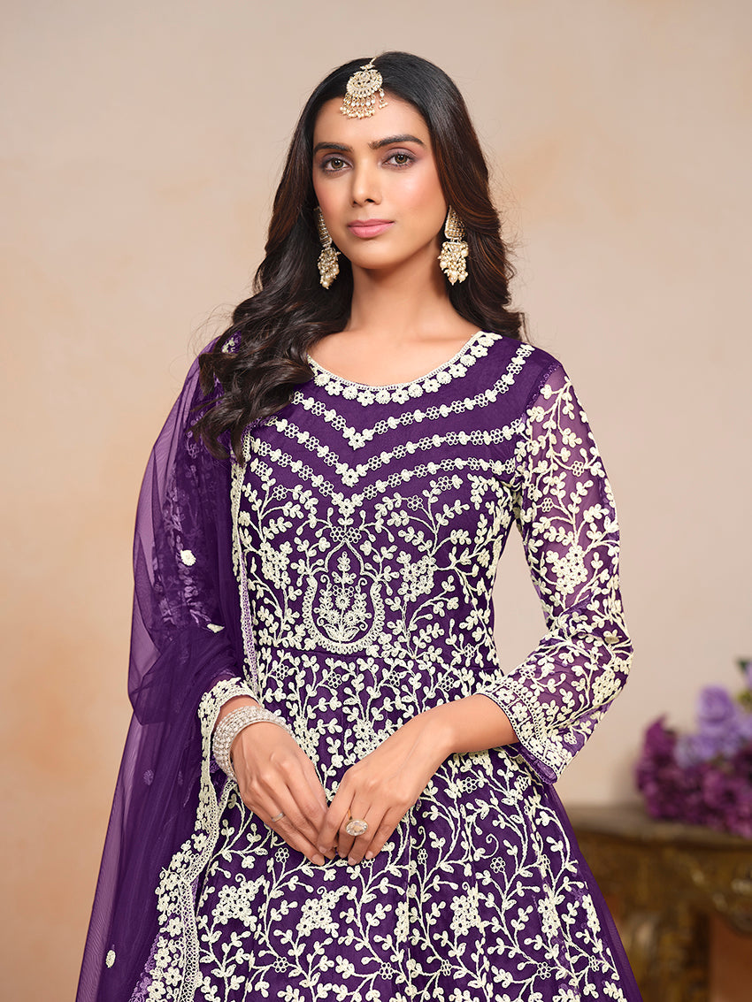 Purple Embroidered Net Salwar Suit for Party and Festive Wear