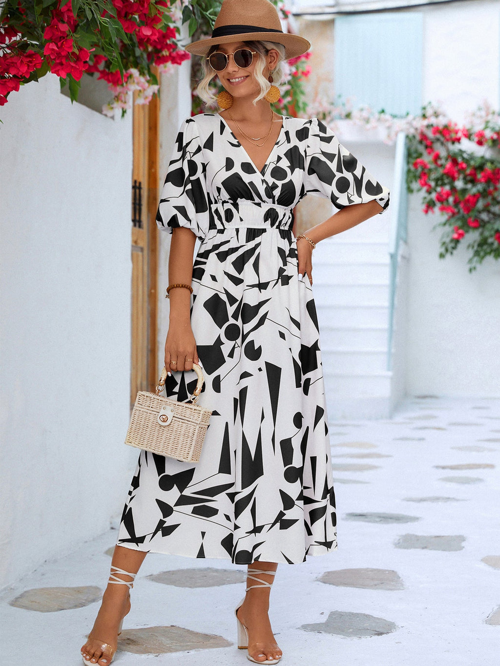 Black & White Printed Balloon Sleeve Mini Dress for Summer