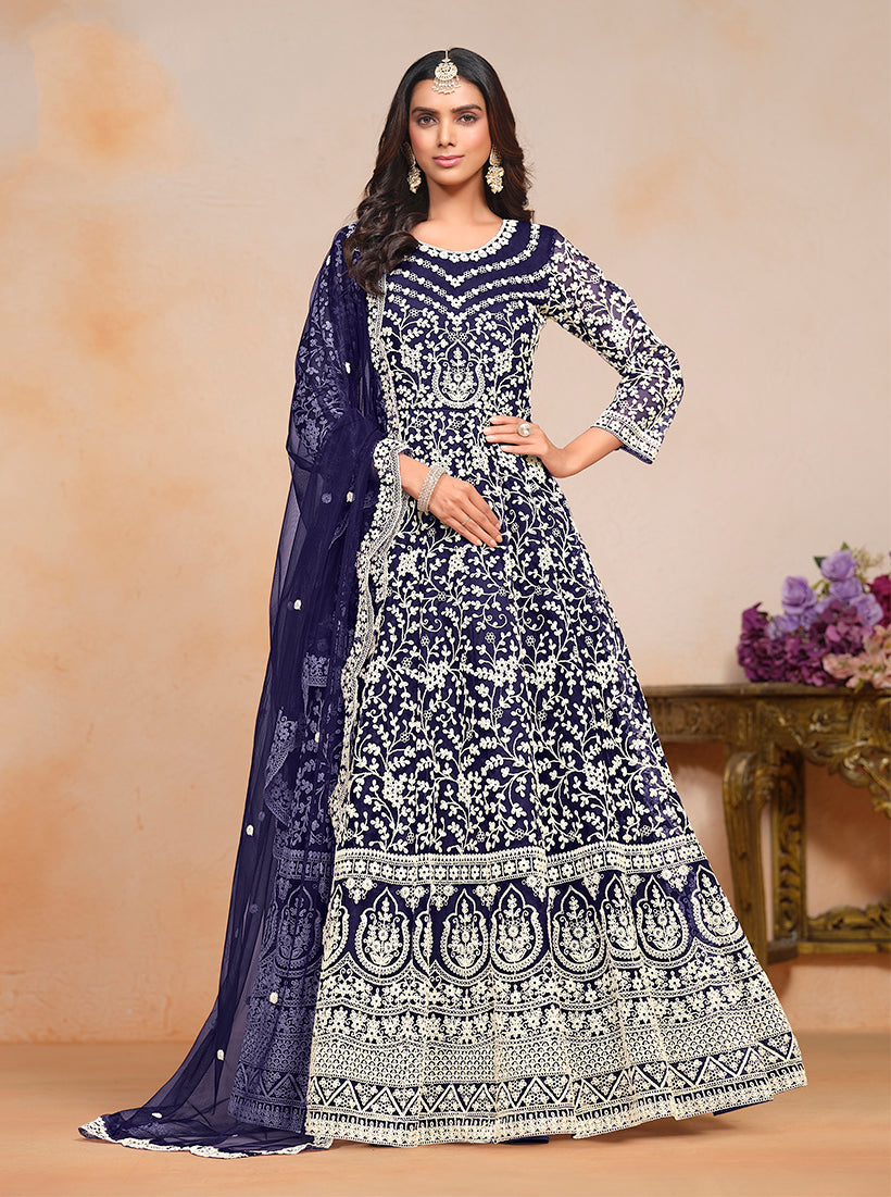 Navy-blue net salwar suit featuring elegant embroidered patterns