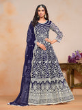 Navy-blue net salwar suit featuring elegant embroidered patterns