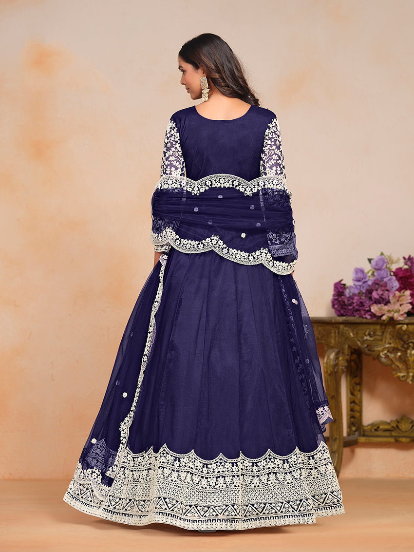 Navy-Blue Embroidered Net Salwar Suit for Elegant Style