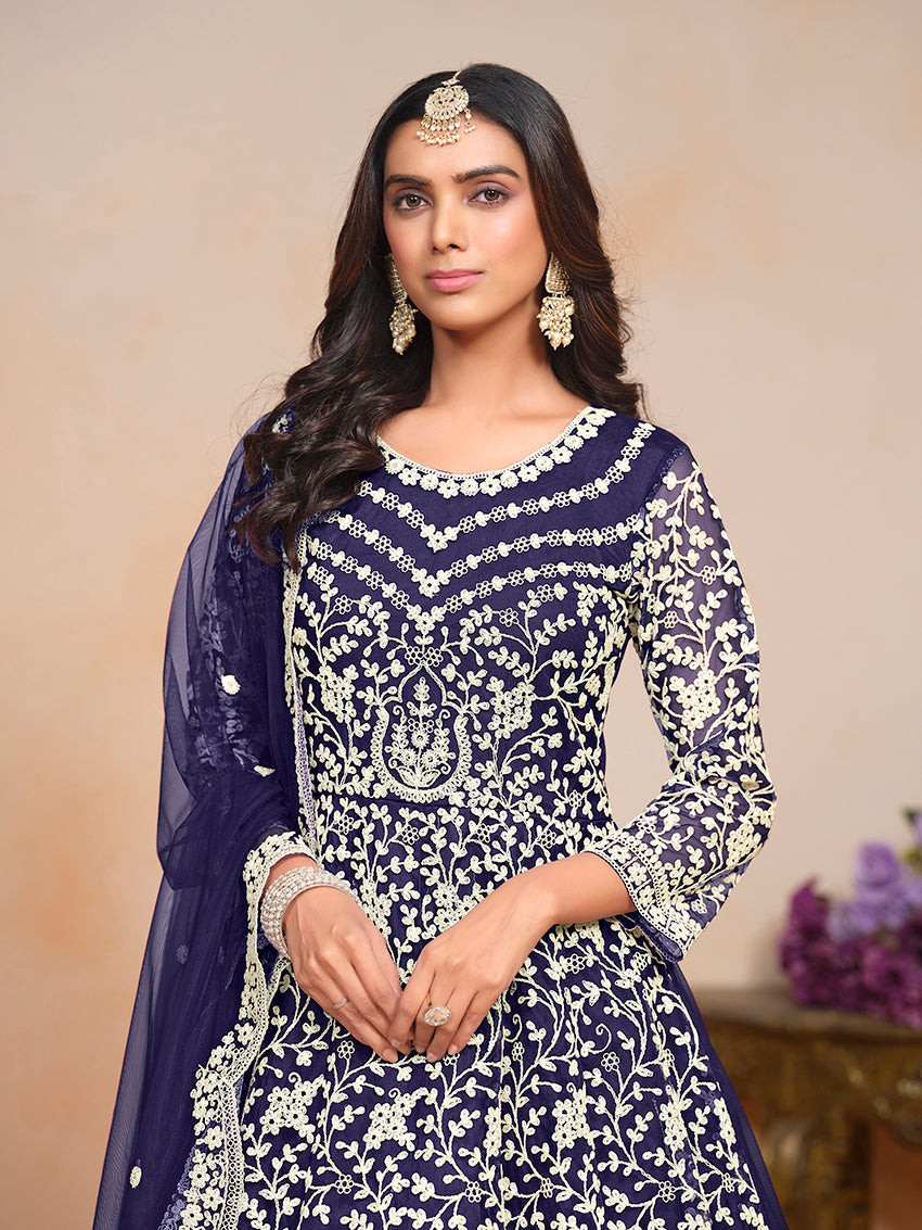 Navy-Blue Embroidered Net Salwar Suit for Elegant Style