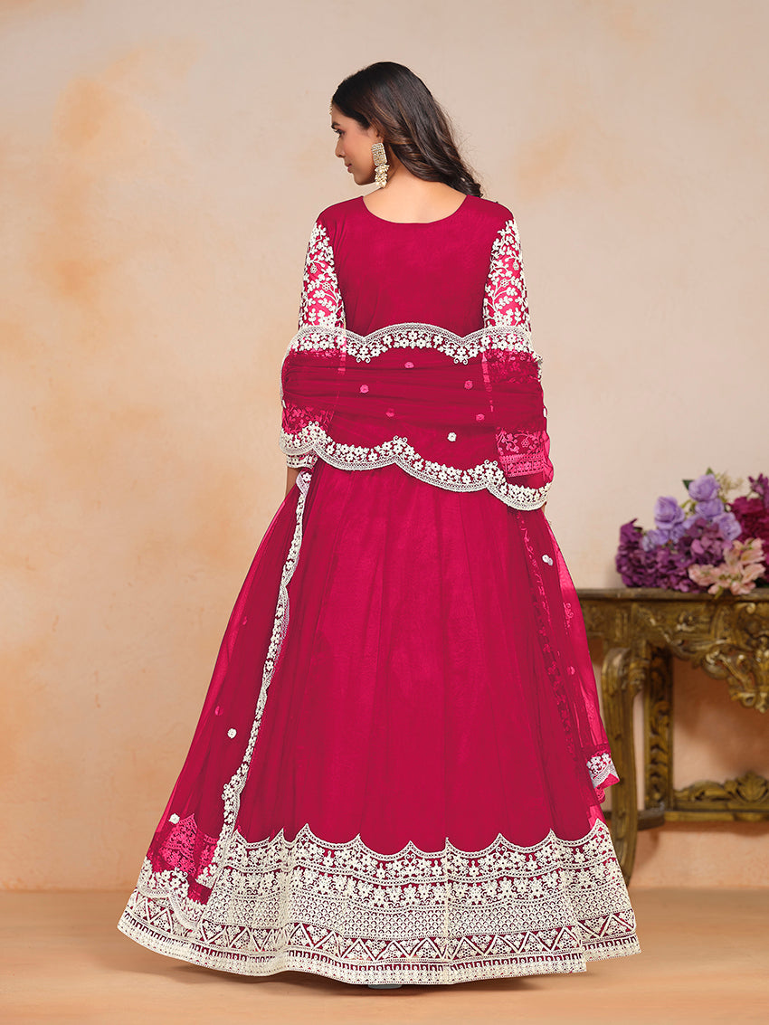 Rani-Pink Embroidered Net Salwar Suit for Festive Occasions