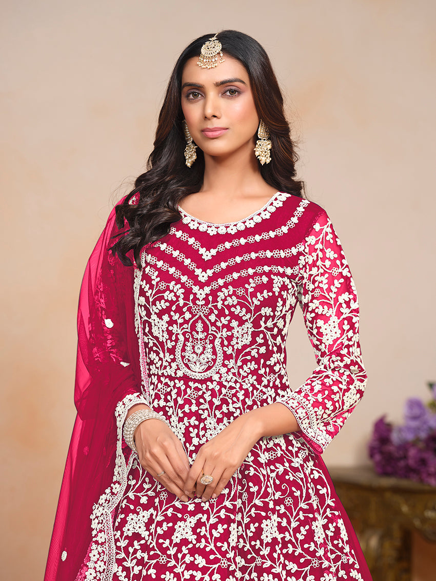 Rani-Pink Embroidered Net Salwar Suit for Festive Occasions