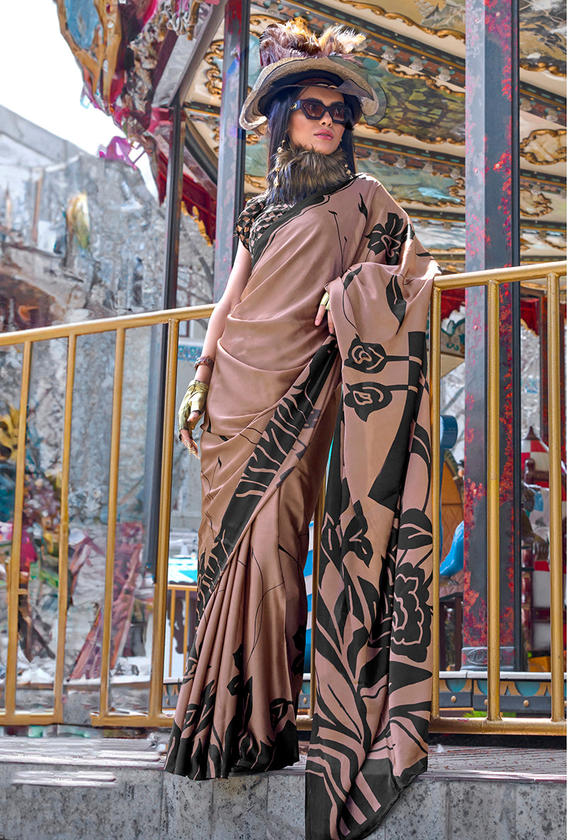 Elegant brown printed satin classic saree with detailed patterns