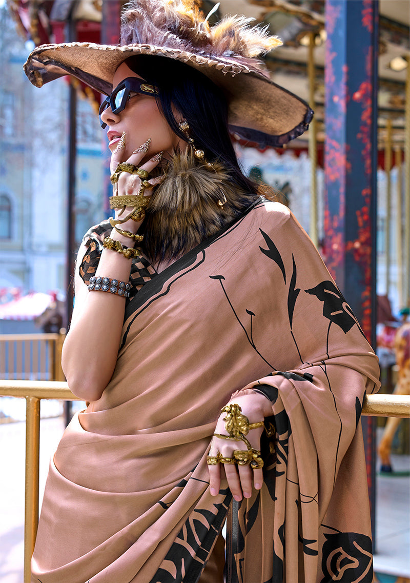 Brown Printed Satin Classic Saree for Elegant Styling