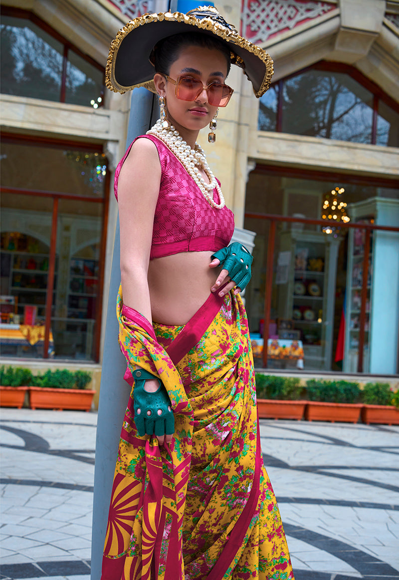 Monjolika Fashion Printed Satin Mustard Colour Classic Saree