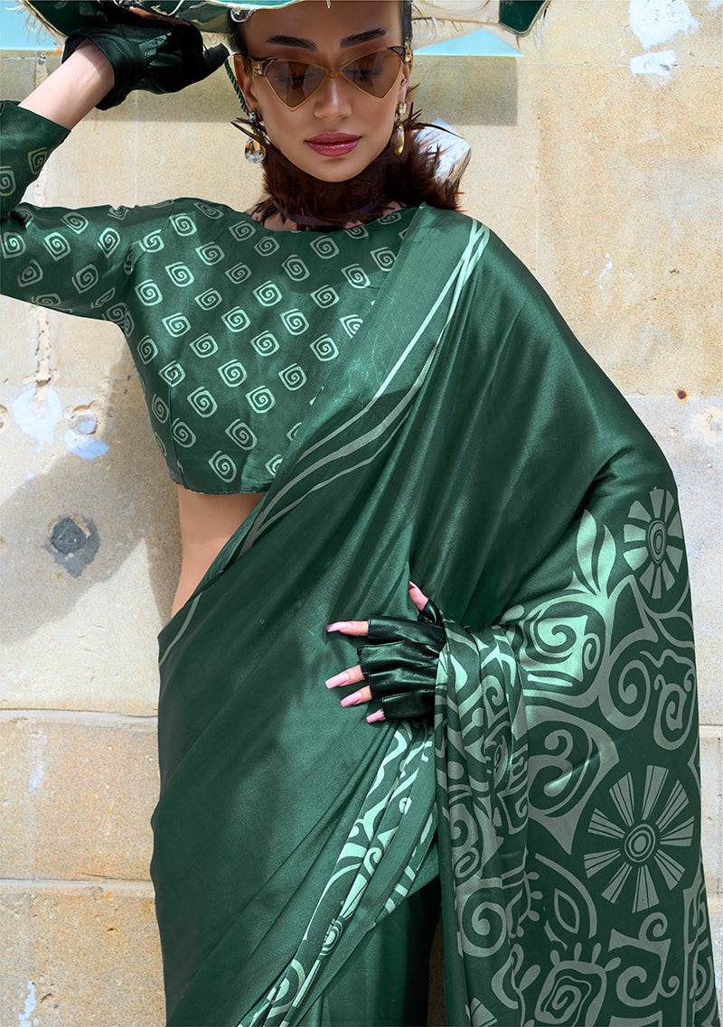 Dark Green Satin Printed Classic Saree for Women