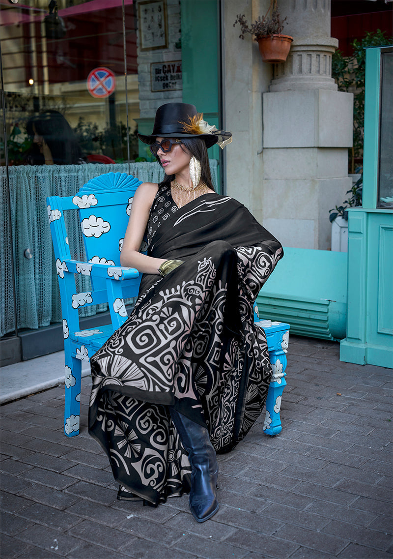 Black Printed Satin Classic Saree for Sophisticated Style