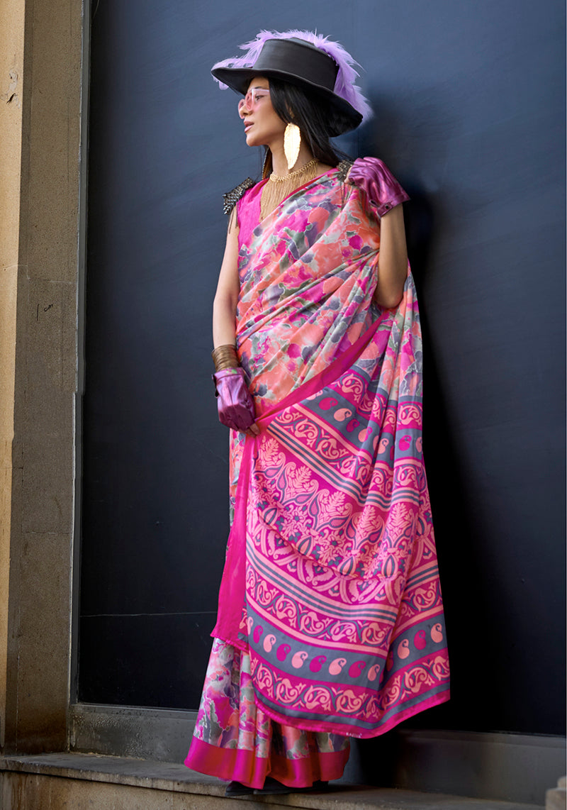 Pink satin saree with delicate printed patterns, elegant ethnic wear for women