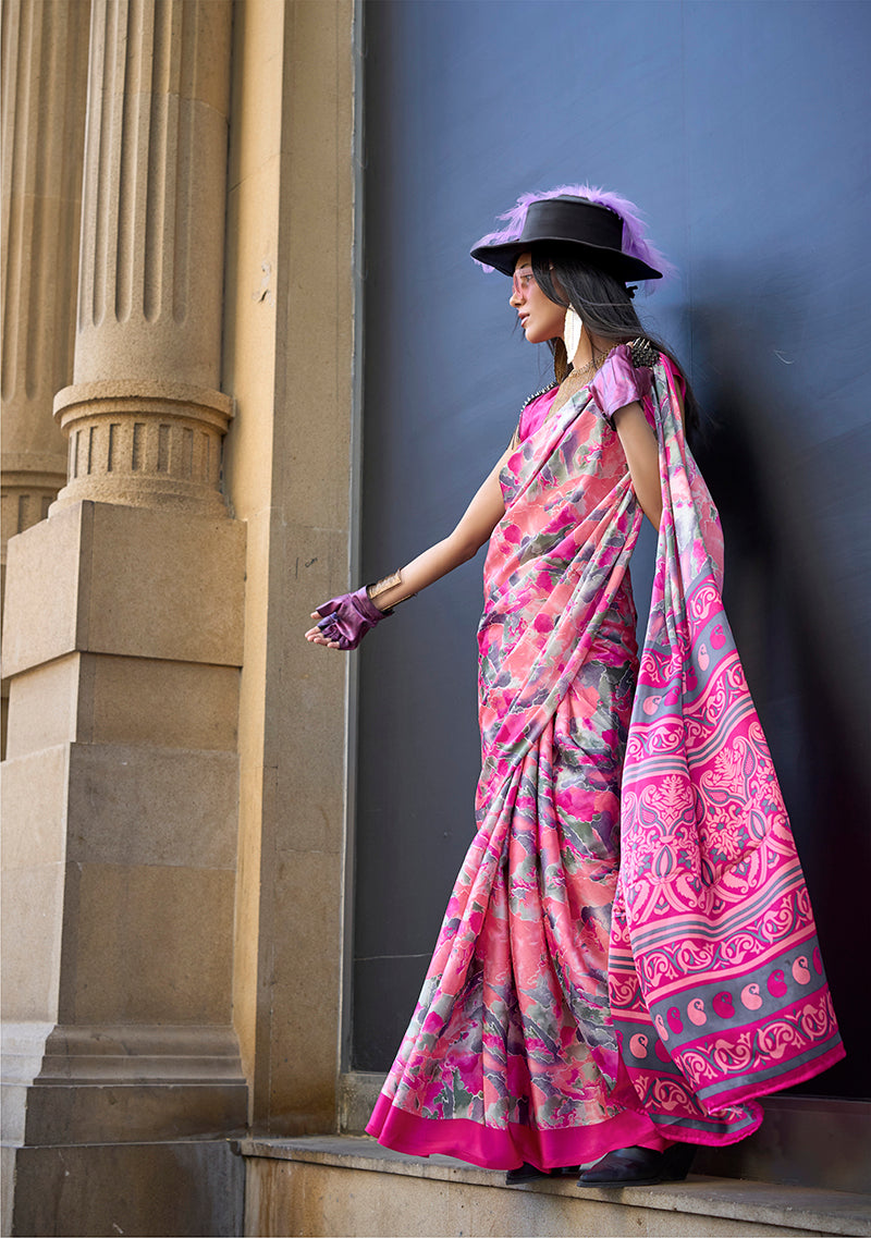 Pink Satin Printed Classic Saree for Elegant Occasions