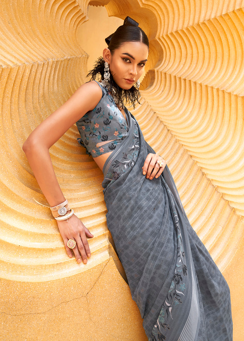 Classic grey georgette saree with ethnic prints