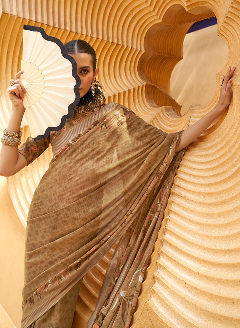 Brown Georgette Classic Saree with Ethnic Print