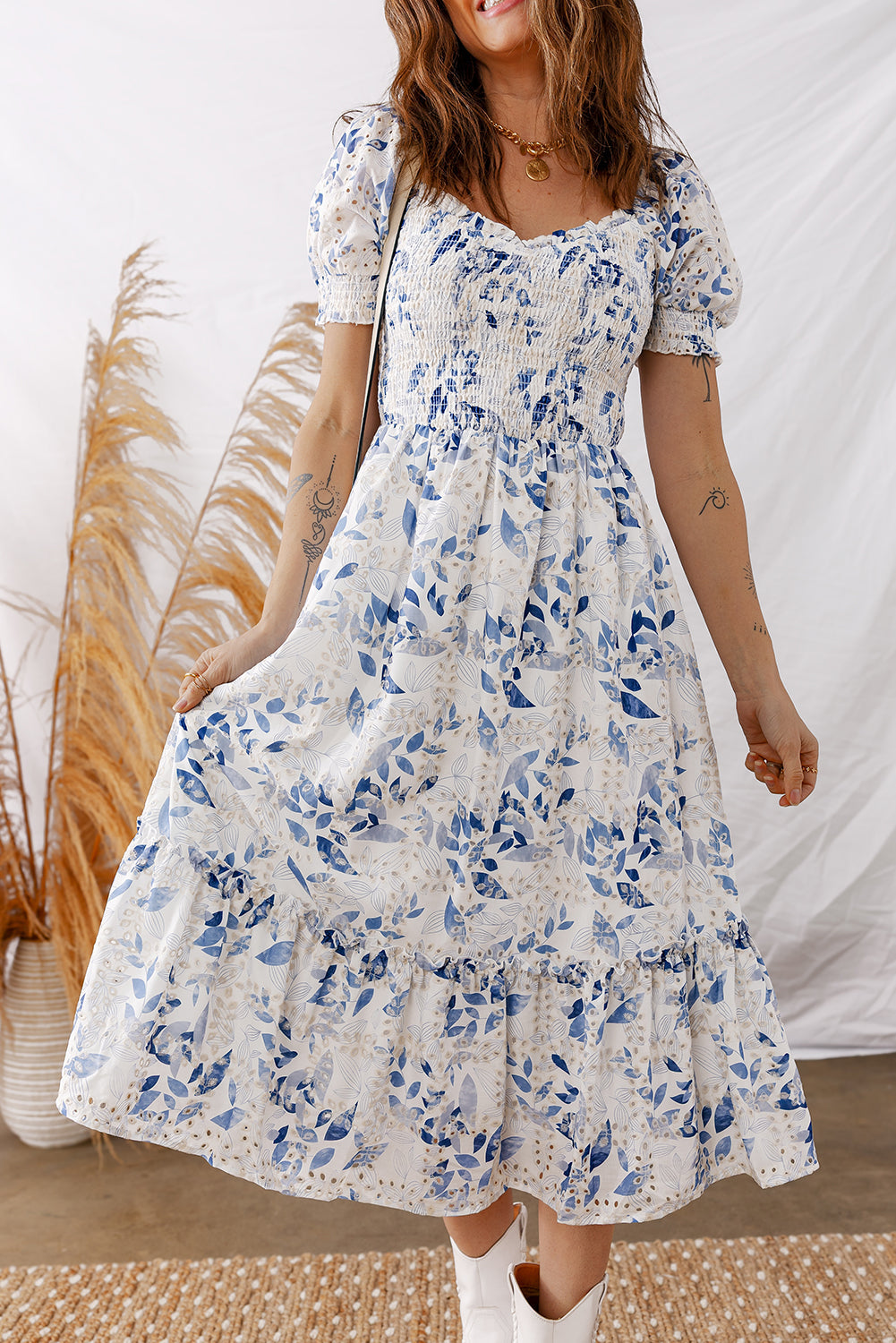 Sky Blue Smocked Bodice Puff Sleeve Floral Midi Dress