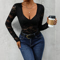Women’s Deep V-Neck Long Sleeve Lace Bodysuit in Navy Blue - Image 5