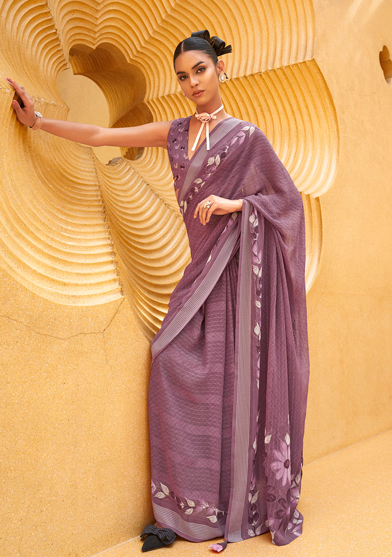 Purple georgette saree with ethnic print design