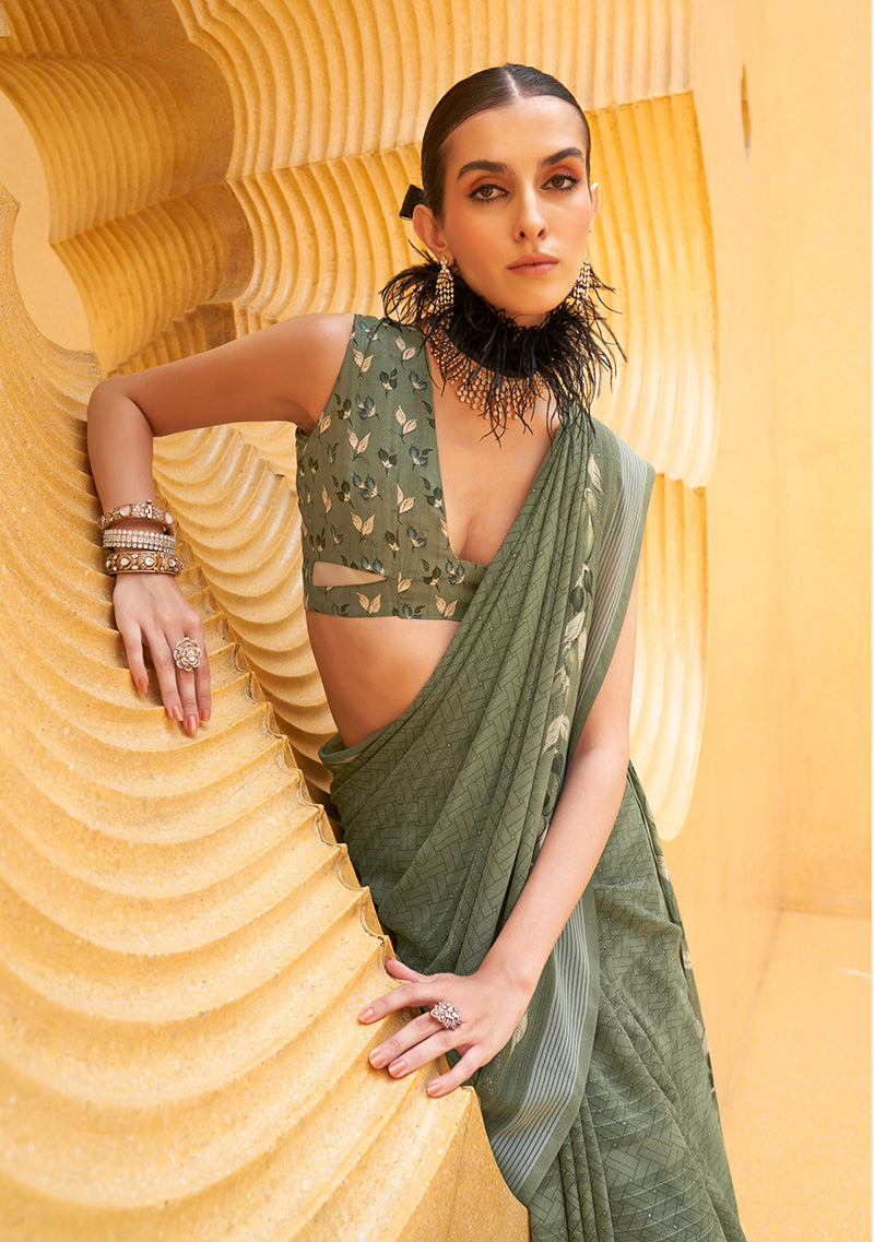 Monjolika Fashion Printed Georgette Classic Saree In Green