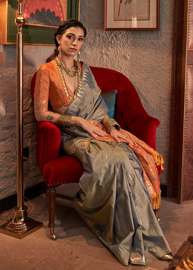 Grey Tussar Silk Weaving Traditional Saree
