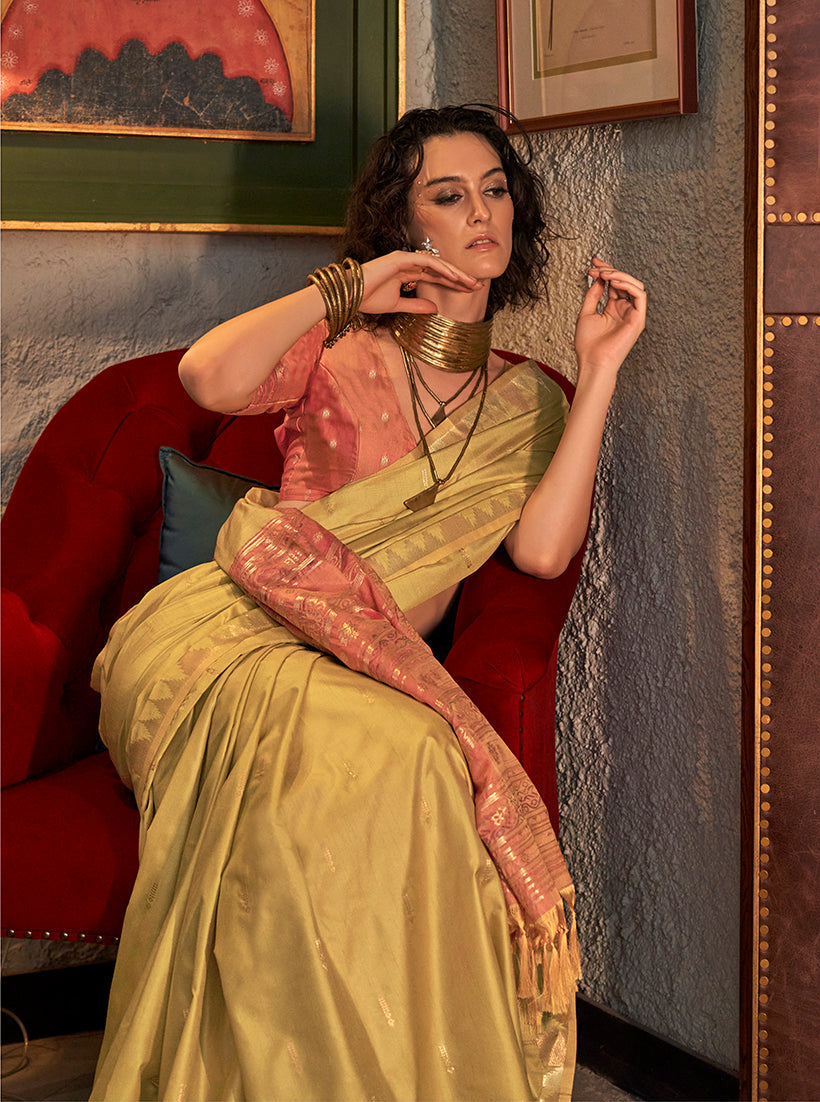 Golden Tussar Silk Saree with Traditional Weaving Work