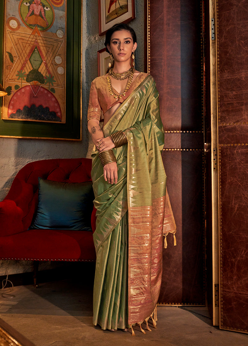 Green Tussar silk traditional saree with elegant weaving pattern